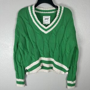 Aerie Cable Knit Sweater Womens Size XS Green Cropped Long Sleeve Tennis Preppy